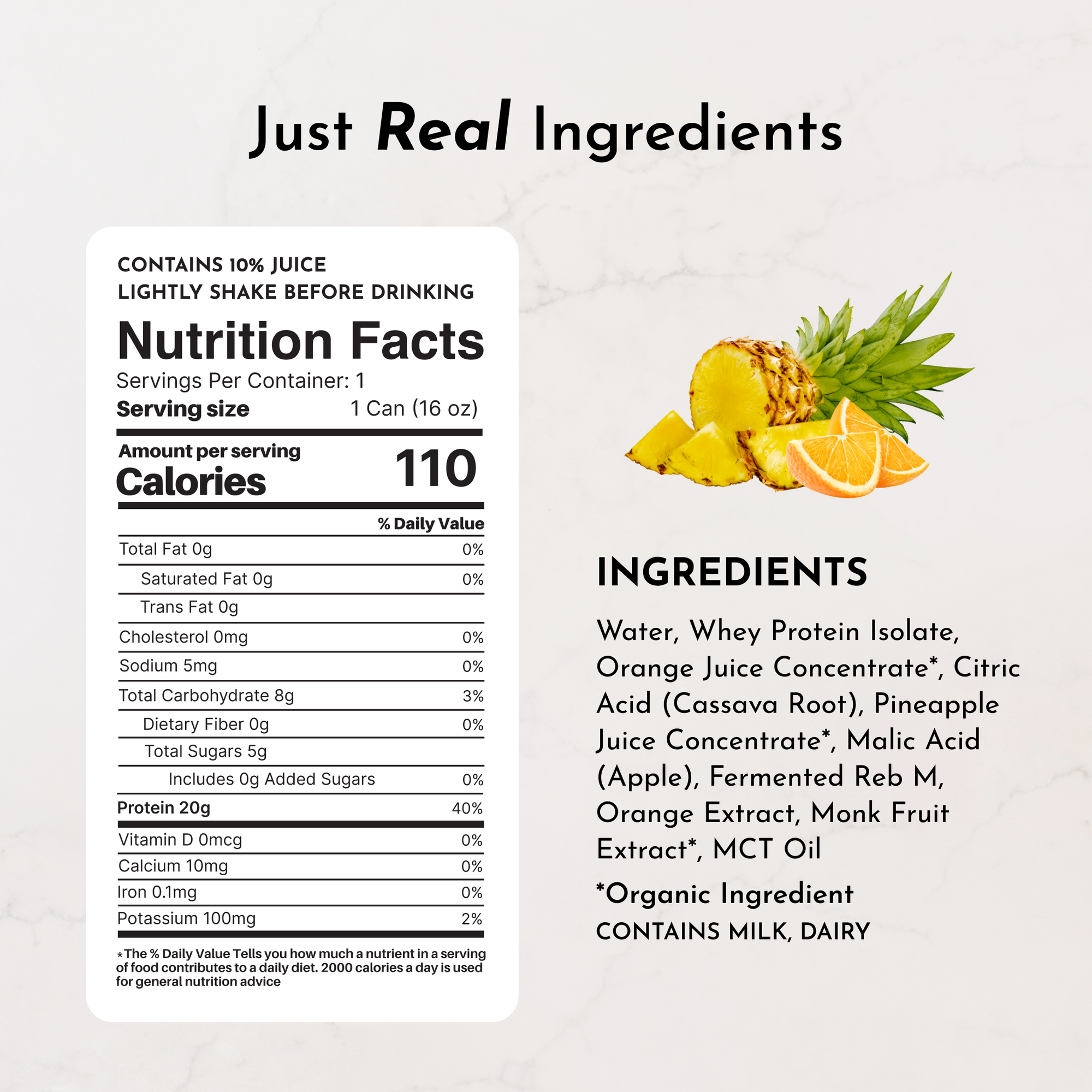 Nutrition facts and ingredients list for Orange Pineapple Clear Protein drink, featuring 110 calories per serving.