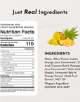 Nutrition facts and ingredients list for Orange Pineapple Clear Protein drink, featuring 110 calories per serving.