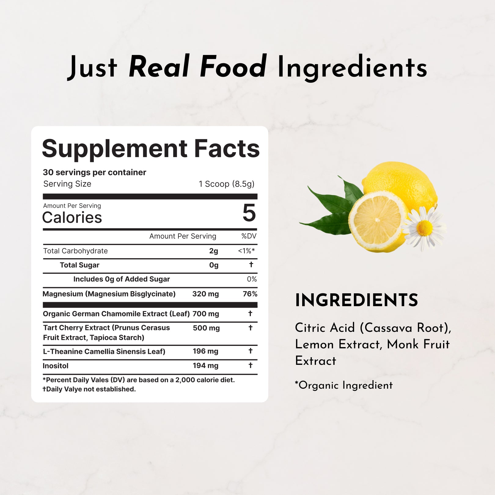 Supplement facts label detailing ingredients and nutritional information for Lemon Chamomile Nighttime Relax.