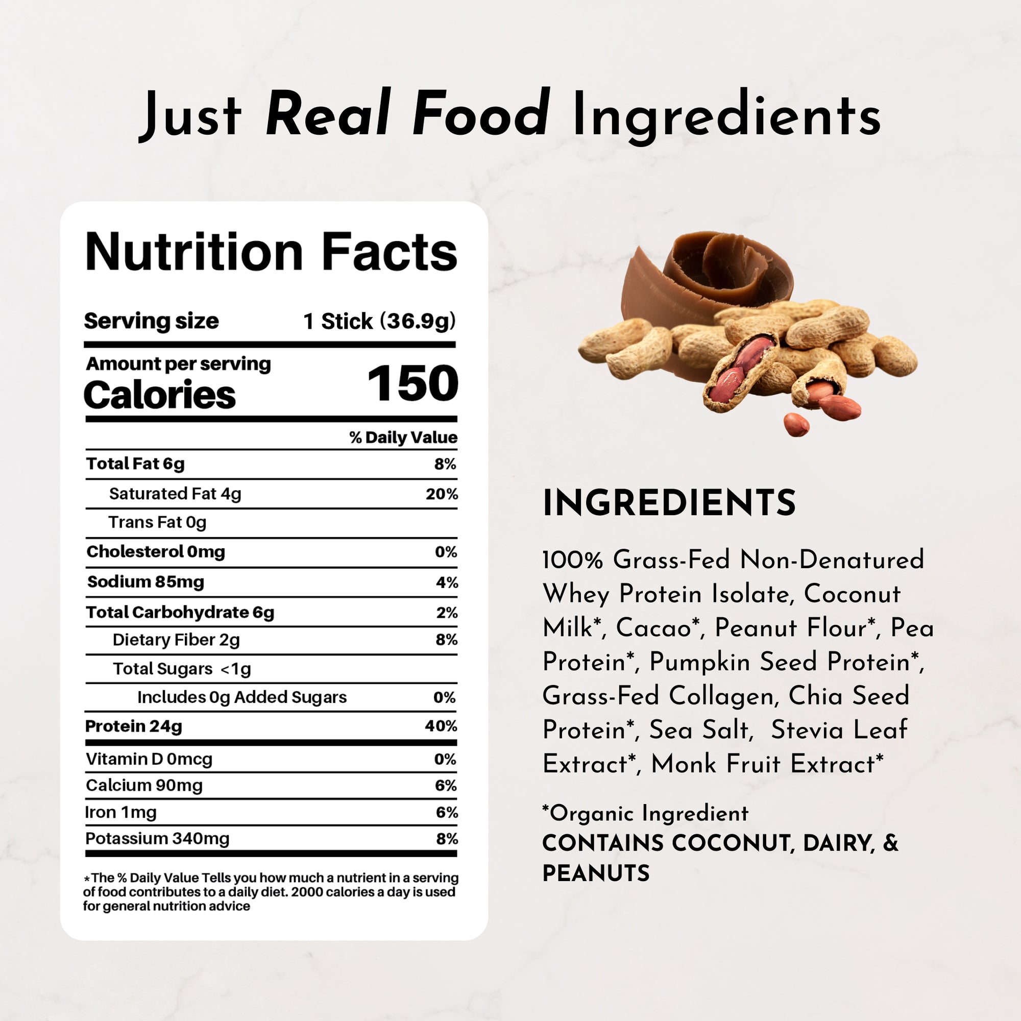 Nutrition facts and ingredients list for Roasted Peanut Butter Chocolate Protein Powder Stick, highlighting real food compone