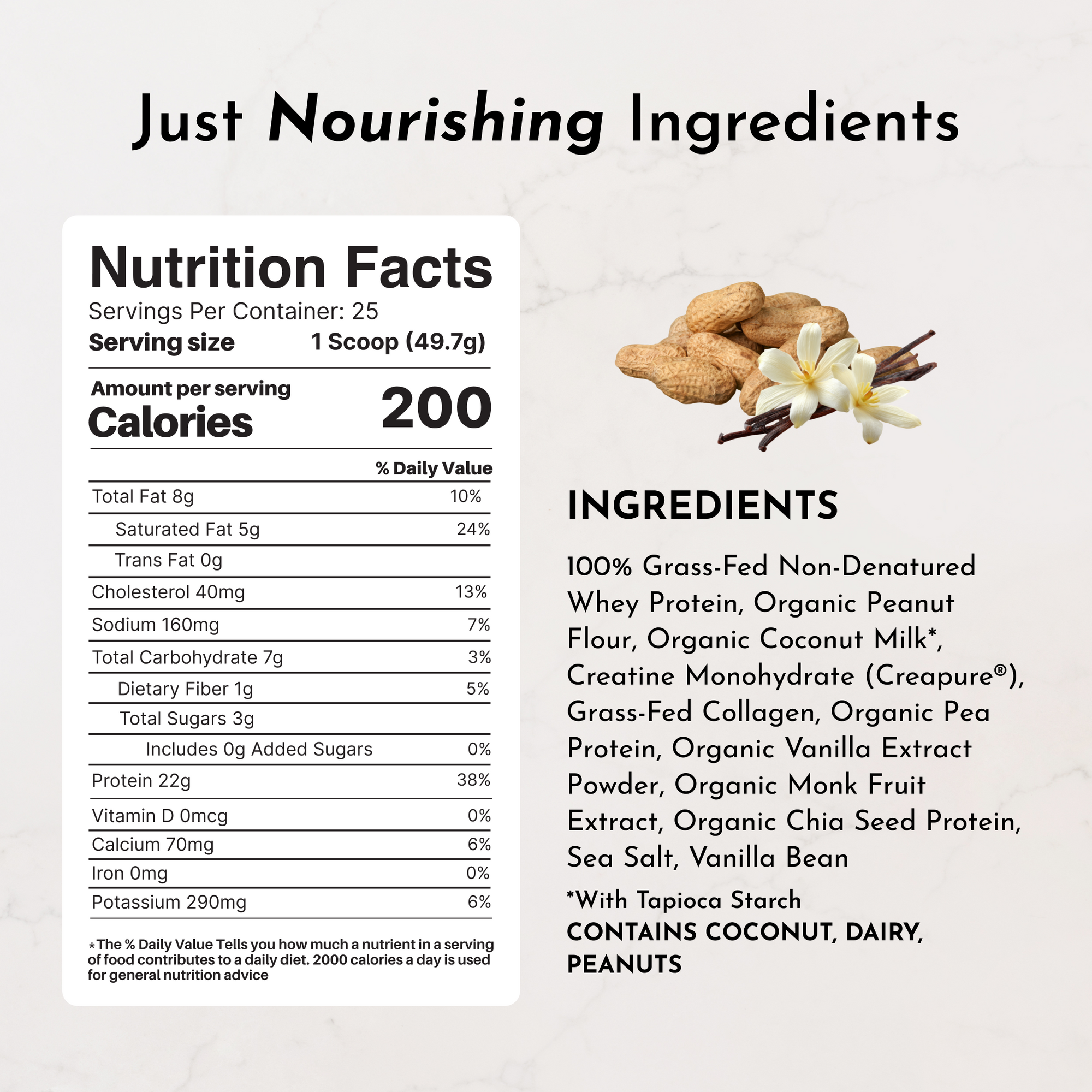 Nutrition facts label detailing calories, fats, protein, and ingredients for Vanilla Peanut Butter Protein + Creatine.