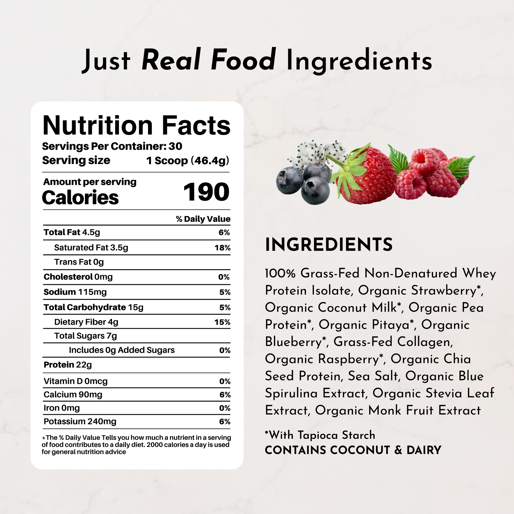 Nutrition facts label for Mountain Berry Protein Powder, detailing calories, serving size, and ingredients.