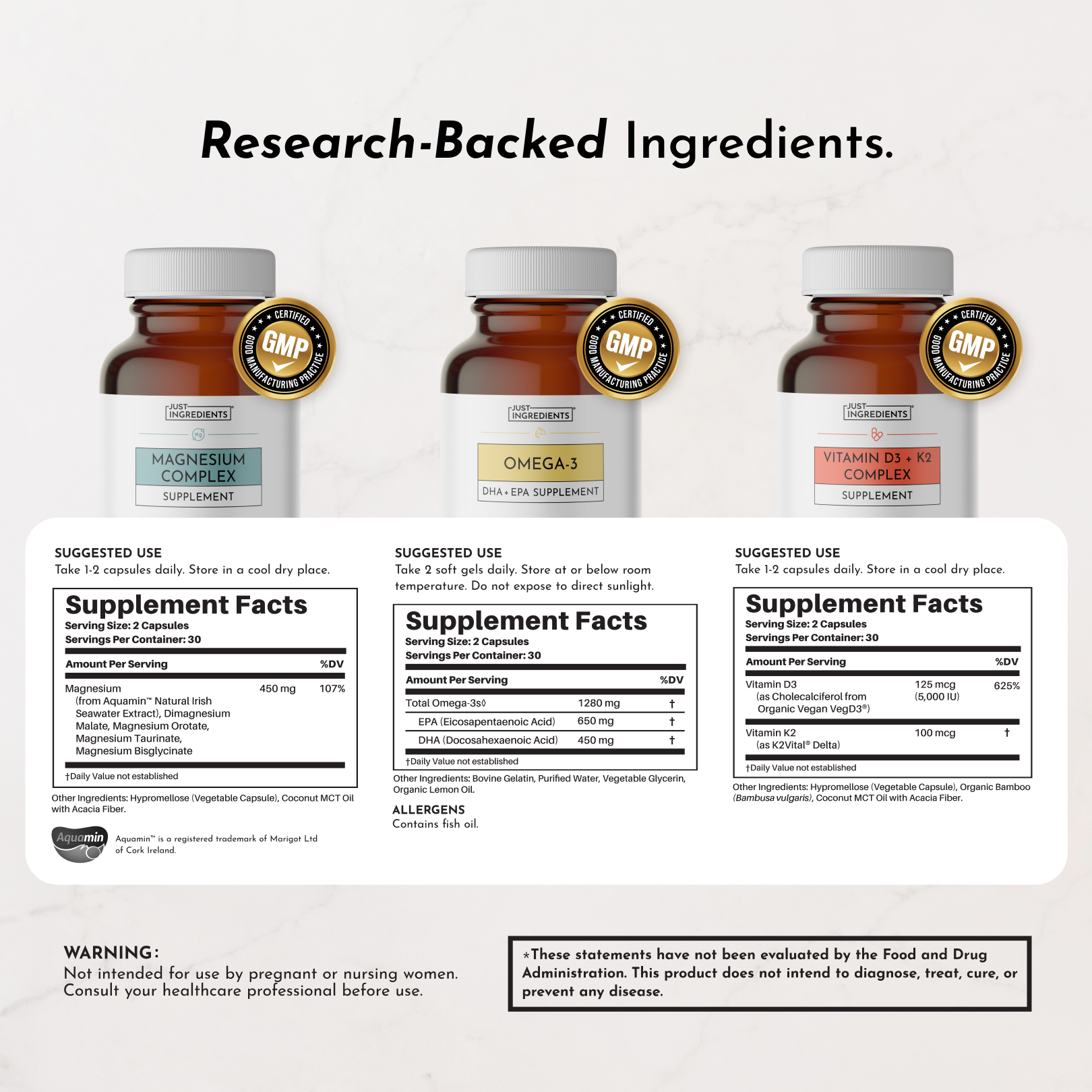 Three amber supplement bottles labeled Magnesium Complex, Omega-3, and Vitamin D3 + K2 with GMP certification badges and supp