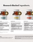 Three amber supplement bottles labeled Magnesium Complex, Omega-3, and Vitamin D3 + K2 with GMP certification badges and supp