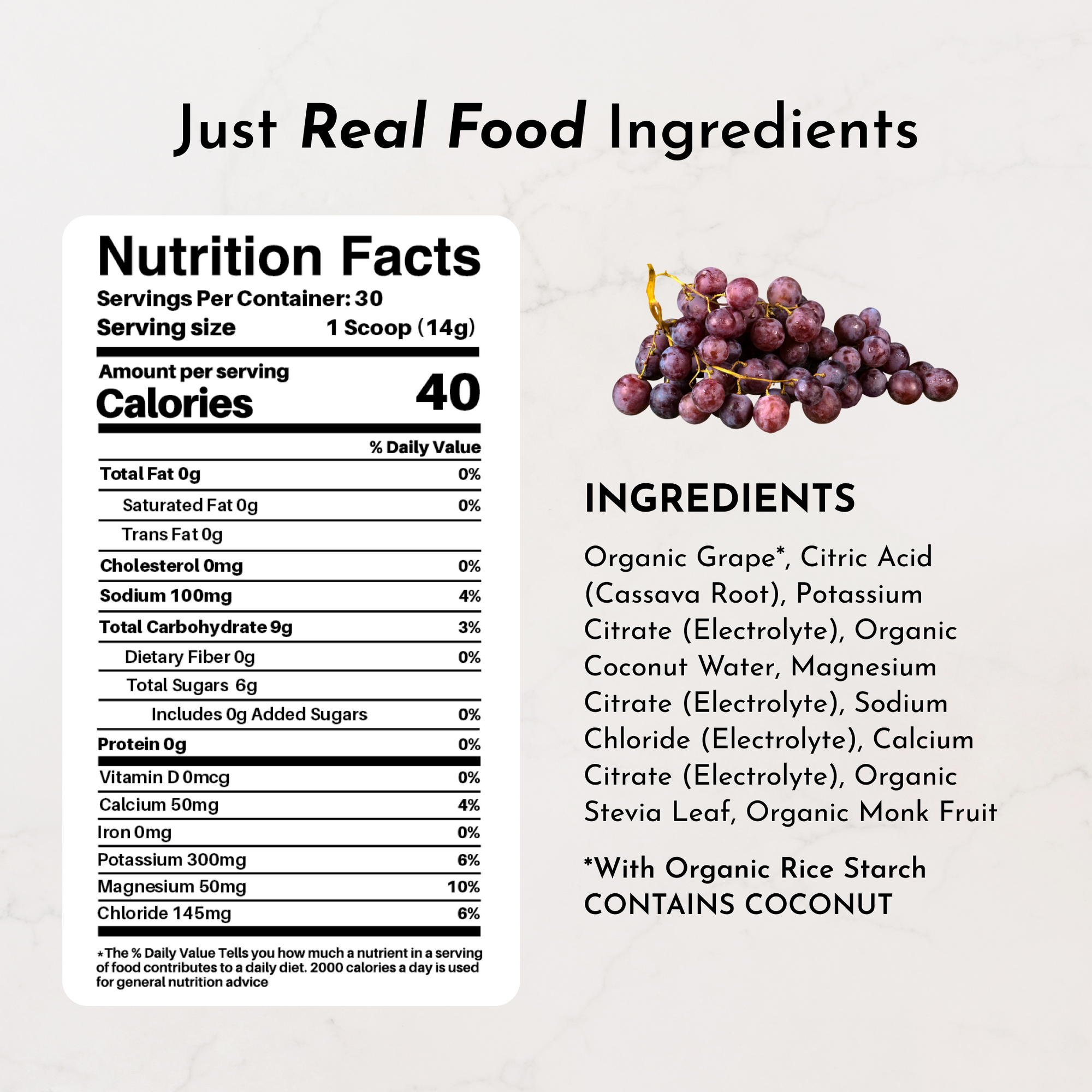 Nutrition facts label with ingredients for Grape Electrolytes, featuring organic grape and various electrolytes.