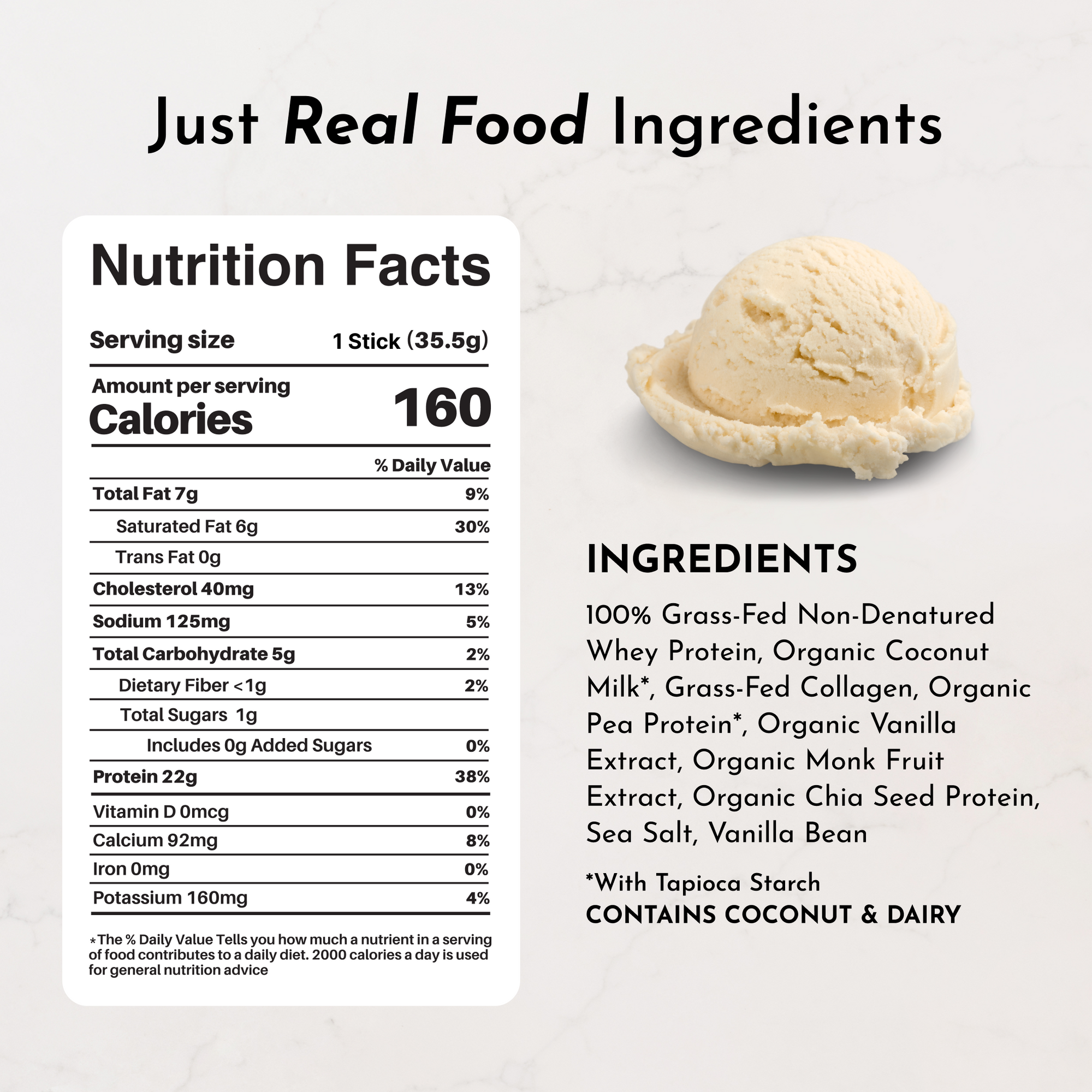 Nutrition facts label for a protein powder stick with a scoop of vanilla ice cream.