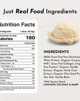 Nutrition facts label for a protein powder stick with a scoop of vanilla ice cream.