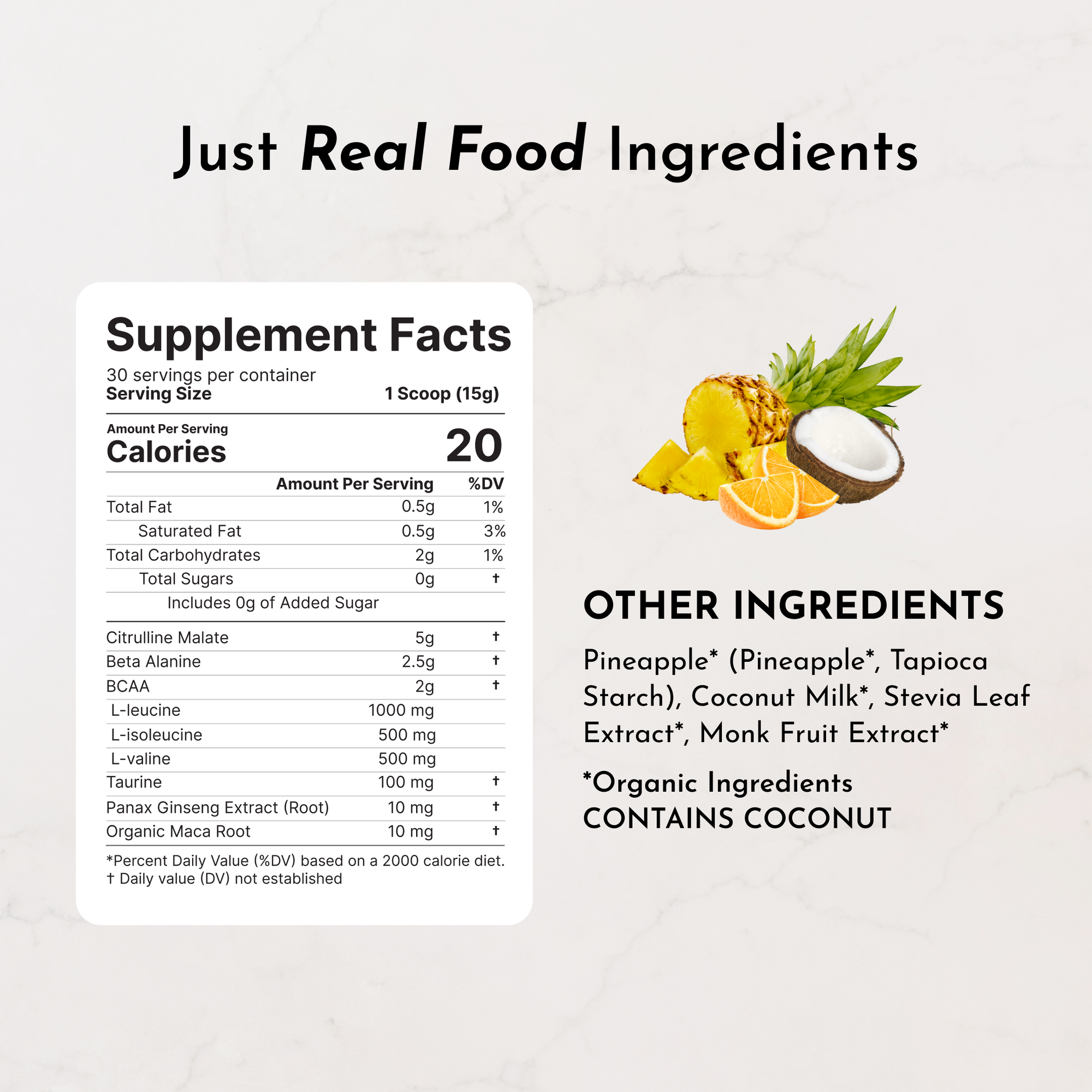 Supplement facts label for a pre-workout product, featuring ingredients like pineapple, coconut milk, and various amino acids