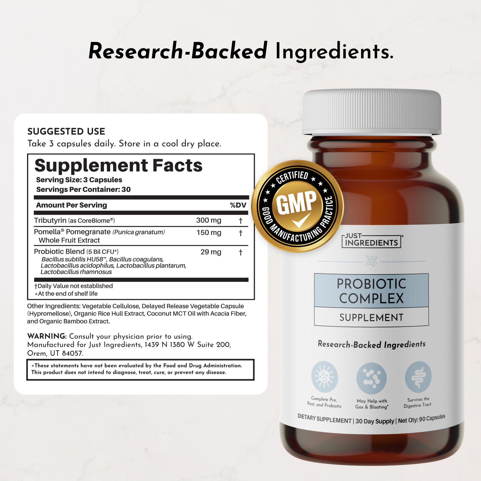 Brown glass bottle of probiotic complex supplement capsules with white cap and GMP certified label.