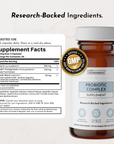 Brown glass bottle of probiotic complex supplement capsules with white cap and GMP certified label.