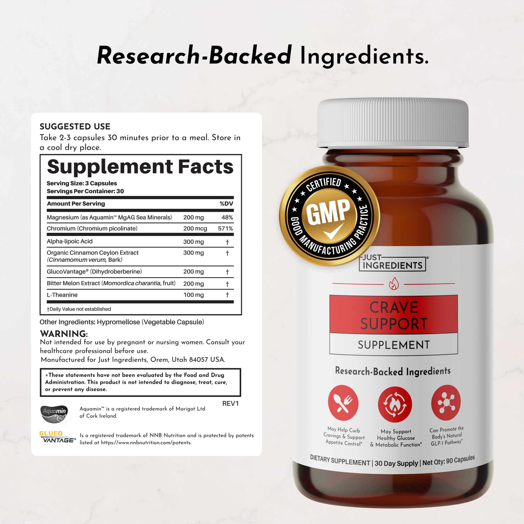Amber glass bottle of Crave Support supplement with white cap, showing red label and supplement facts panel on left side.