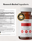 Amber glass bottle of Crave Support supplement with white cap, showing red label and supplement facts panel on left side.