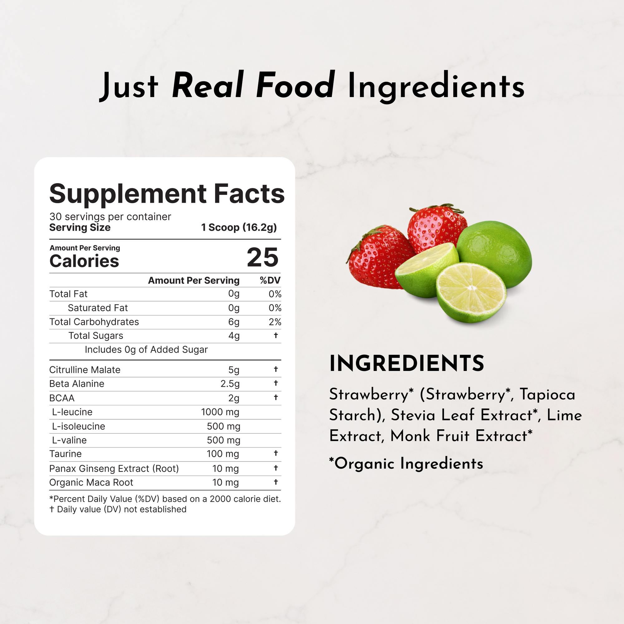 Supplement facts label with nutritional information and ingredients for caffeine-free strawberry limeade pre-workout, featuri