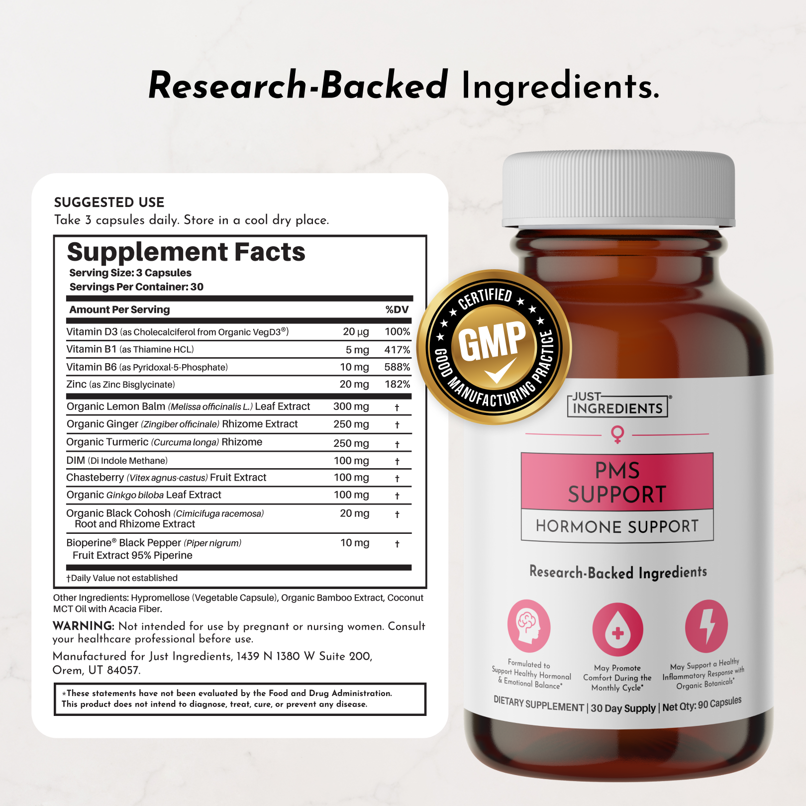 Brown glass bottle of PMS Support supplement with white cap, GMP certified seal, and pink label showing hormone support ingre