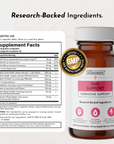 Brown glass bottle of PMS Support supplement with white cap, GMP certified seal, and pink label showing hormone support ingre
