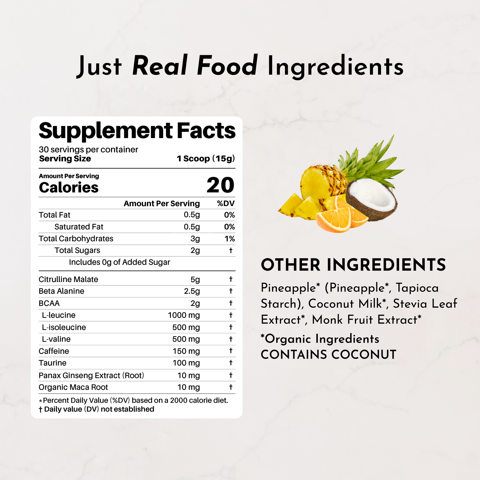 Supplement facts label detailing ingredients and nutritional information for Tropical Paradise Pre-Workout.
