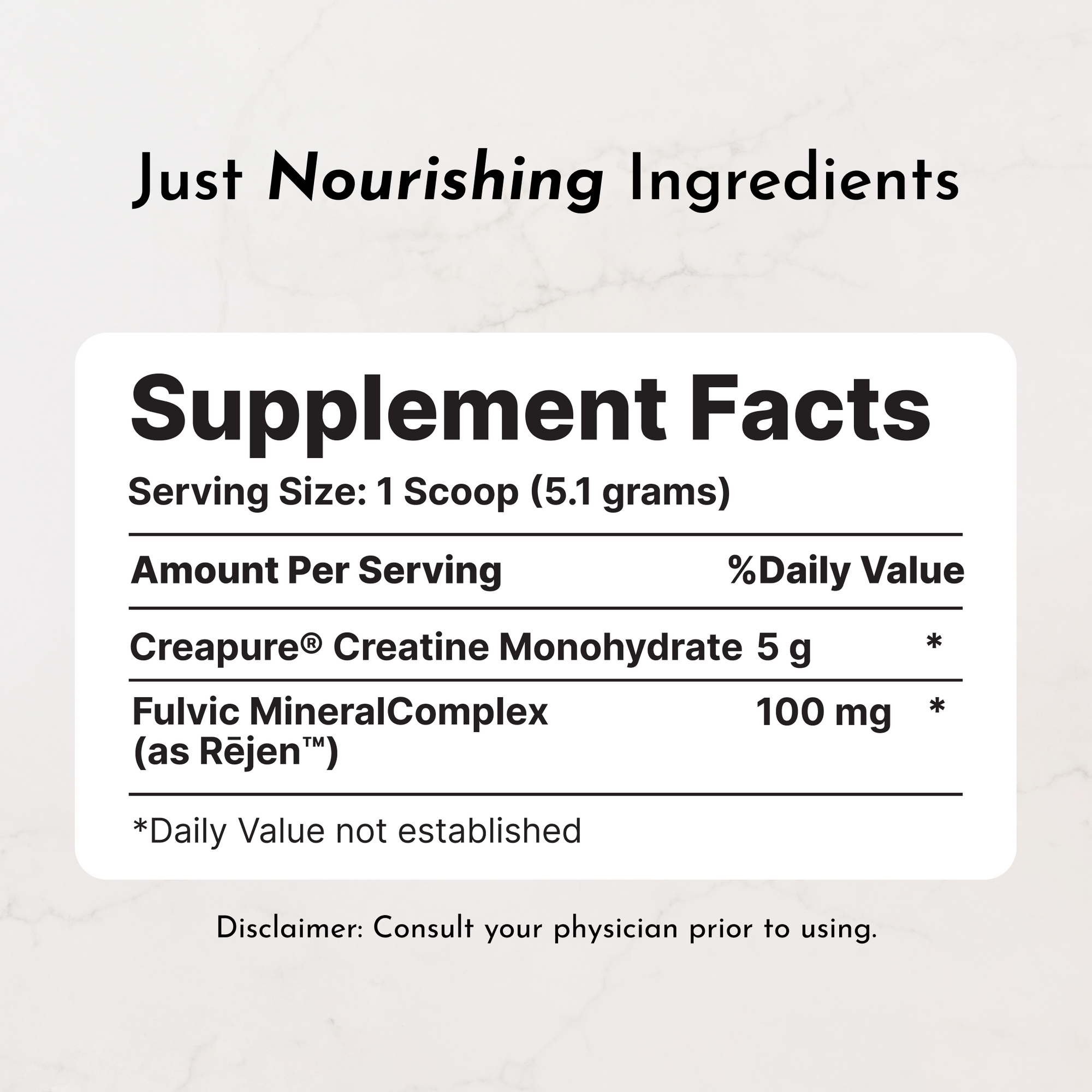Supplement facts label detailing serving size, ingredients, and amounts for Creatine+.