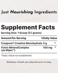 Supplement facts label detailing serving size, ingredients, and amounts for Creatine+.