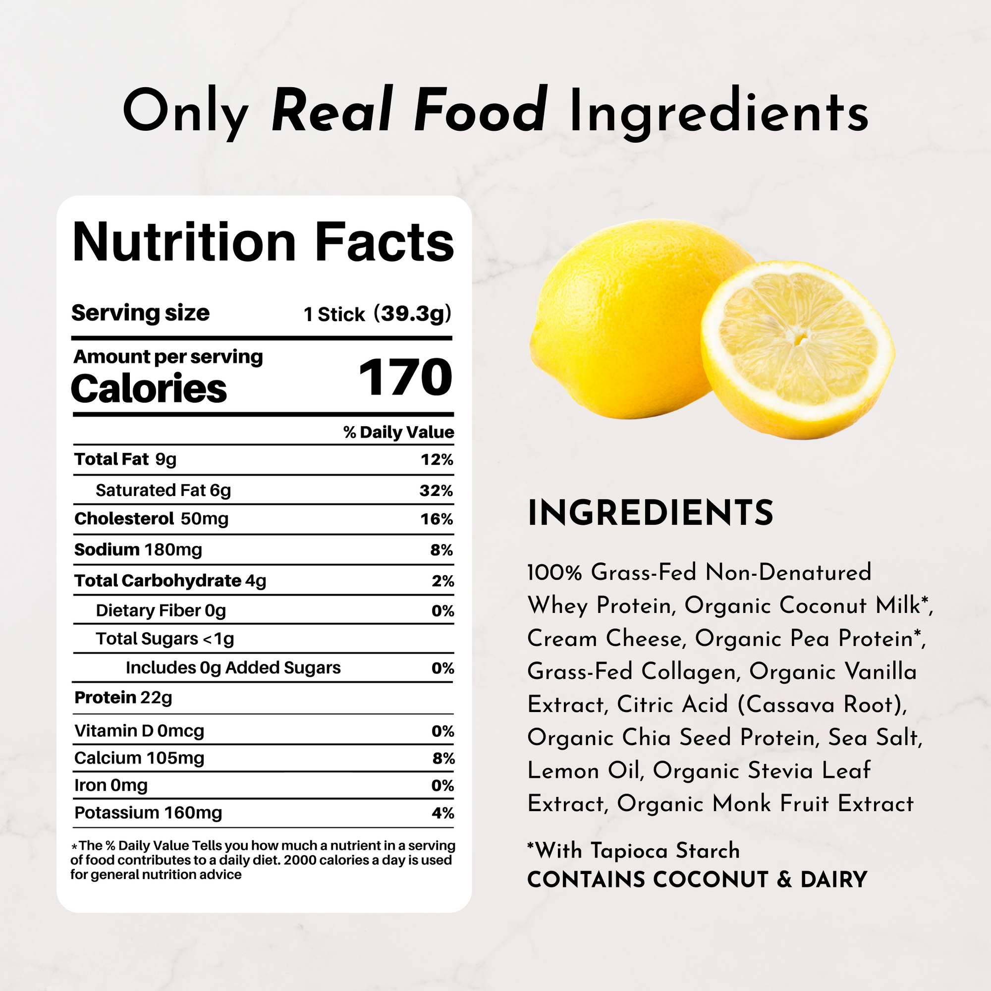 Nutrition facts and ingredients list for Lemon Swish Protein Powder Stick, featuring a lemon.