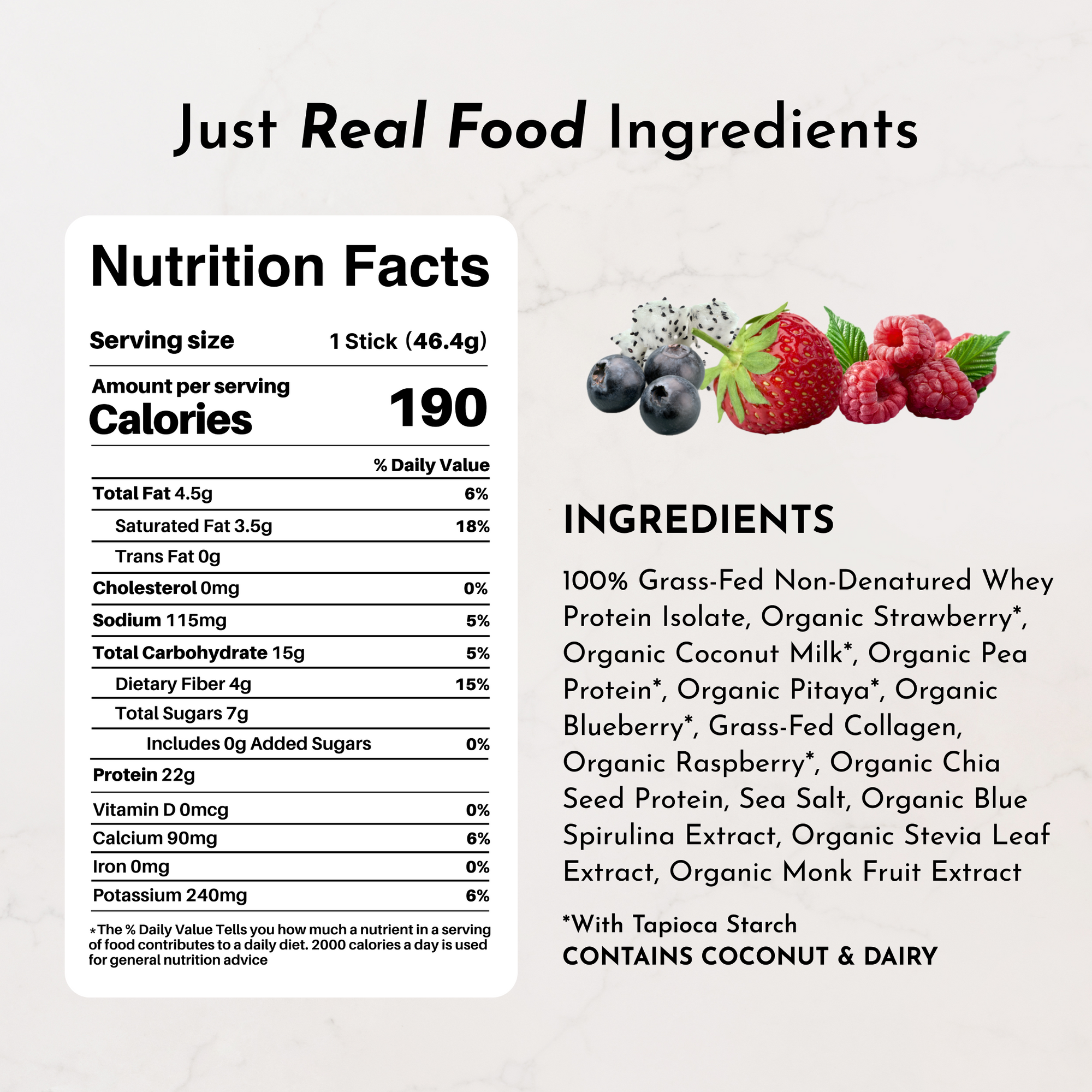 Nutrition facts label for Mountain Berry Protein Powder Stick, detailing serving size, calories, and ingredients.