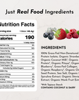 Nutrition facts label for Mountain Berry Protein Powder Stick, detailing serving size, calories, and ingredients.