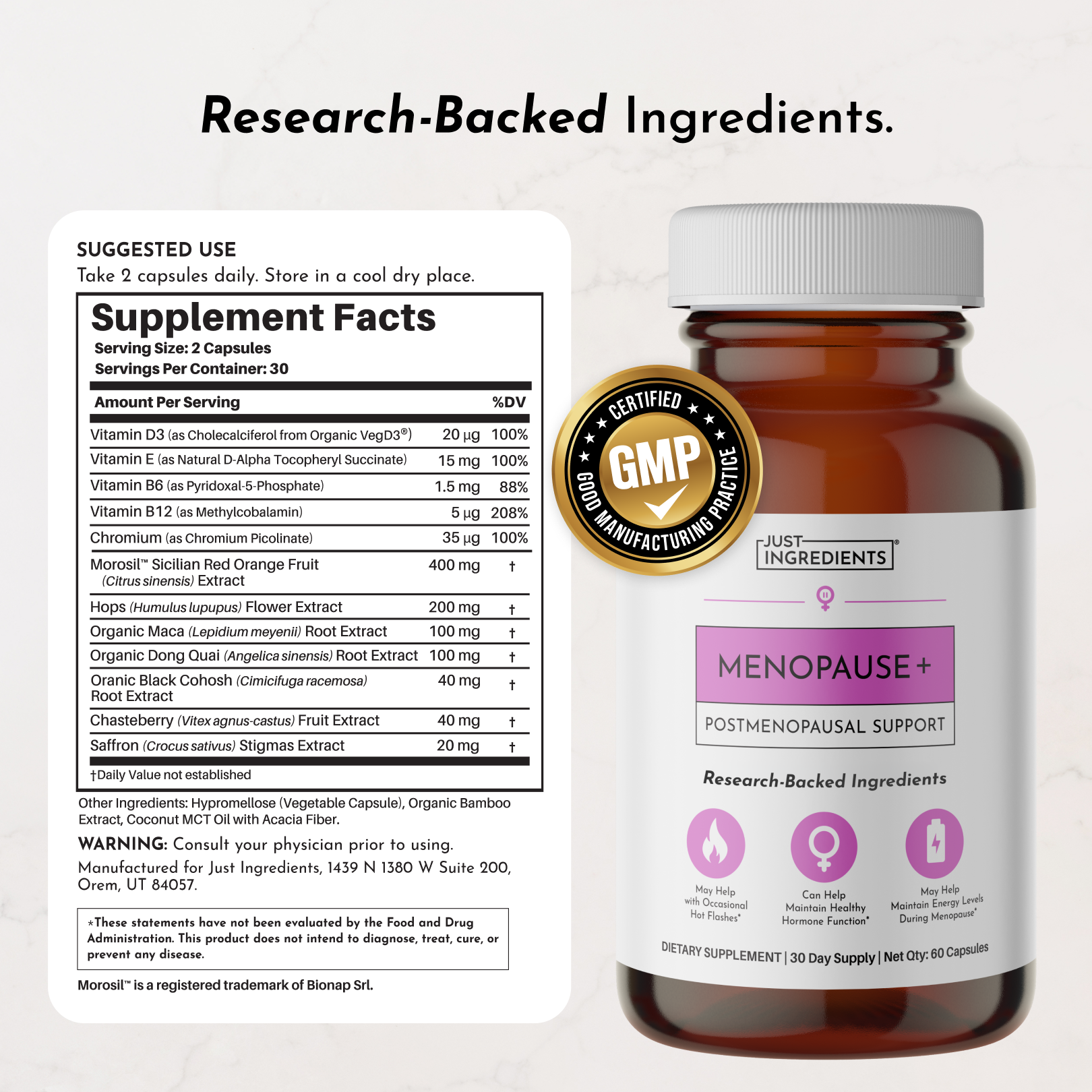 Menopause+ supplement bottle with white cap and label showing ingredients, suggested use, and GMP certification seal next to 