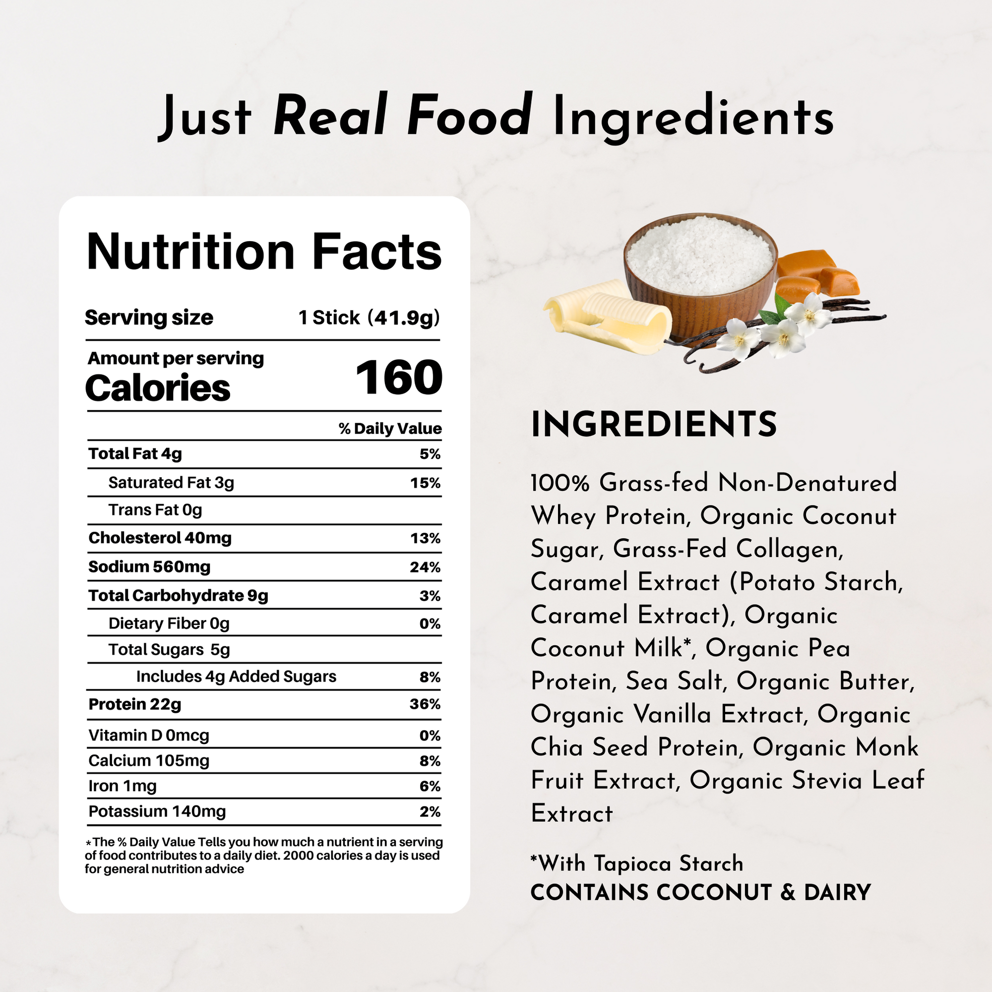 Nutrition facts and ingredient list for Salted Caramel Protein Powder Stick, highlighting calories and nutrients.