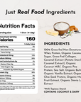 Nutrition facts and ingredient list for Salted Caramel Protein Powder Stick, highlighting calories and nutrients.