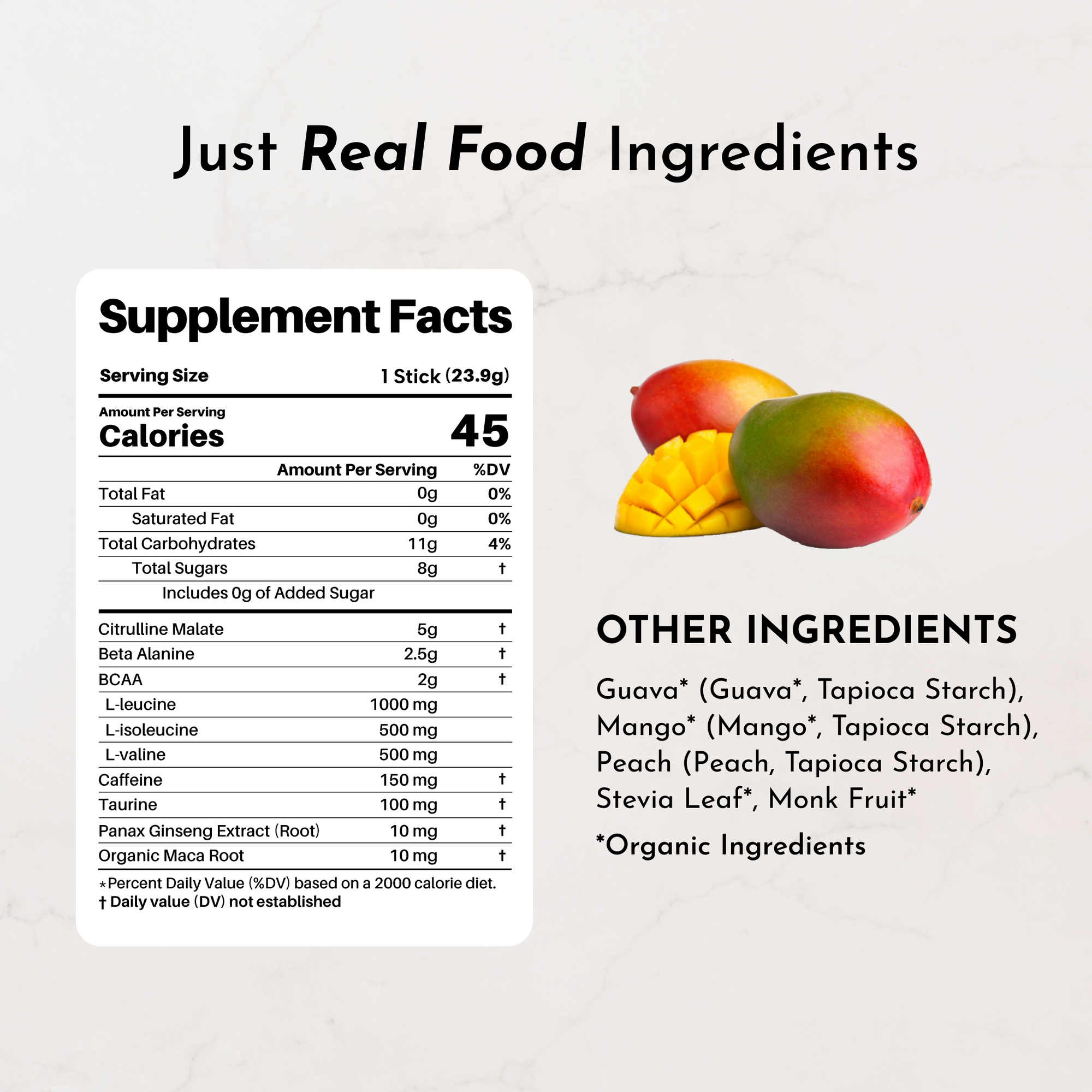 Supplement facts for Guava Mango Pre-Workout Stick, including calories, ingredients, and nutritional information.