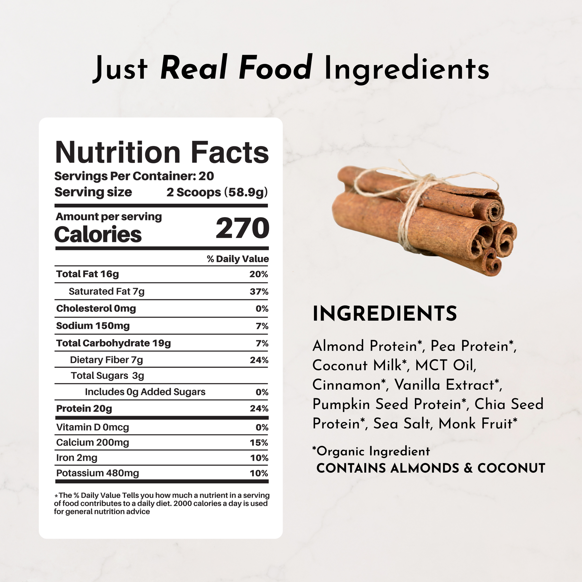 Nutrition facts label for Vegan Snickerdoodle Protein Powder, listing calories, fats, carbohydrates, protein, and ingredients