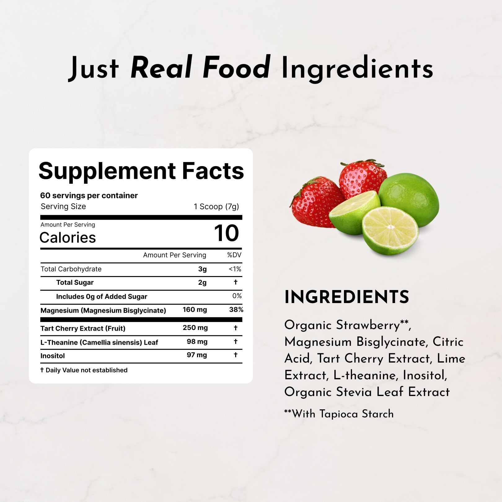 Supplement facts label and ingredients list with strawberries and limes displayed on right side.