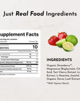 Supplement facts label and ingredients list with strawberries and limes displayed on right side.