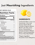 Nutritional label and ingredients list for Energy + Brain Boost Lemonade, featuring lemon juice and various cognitive-enhanci