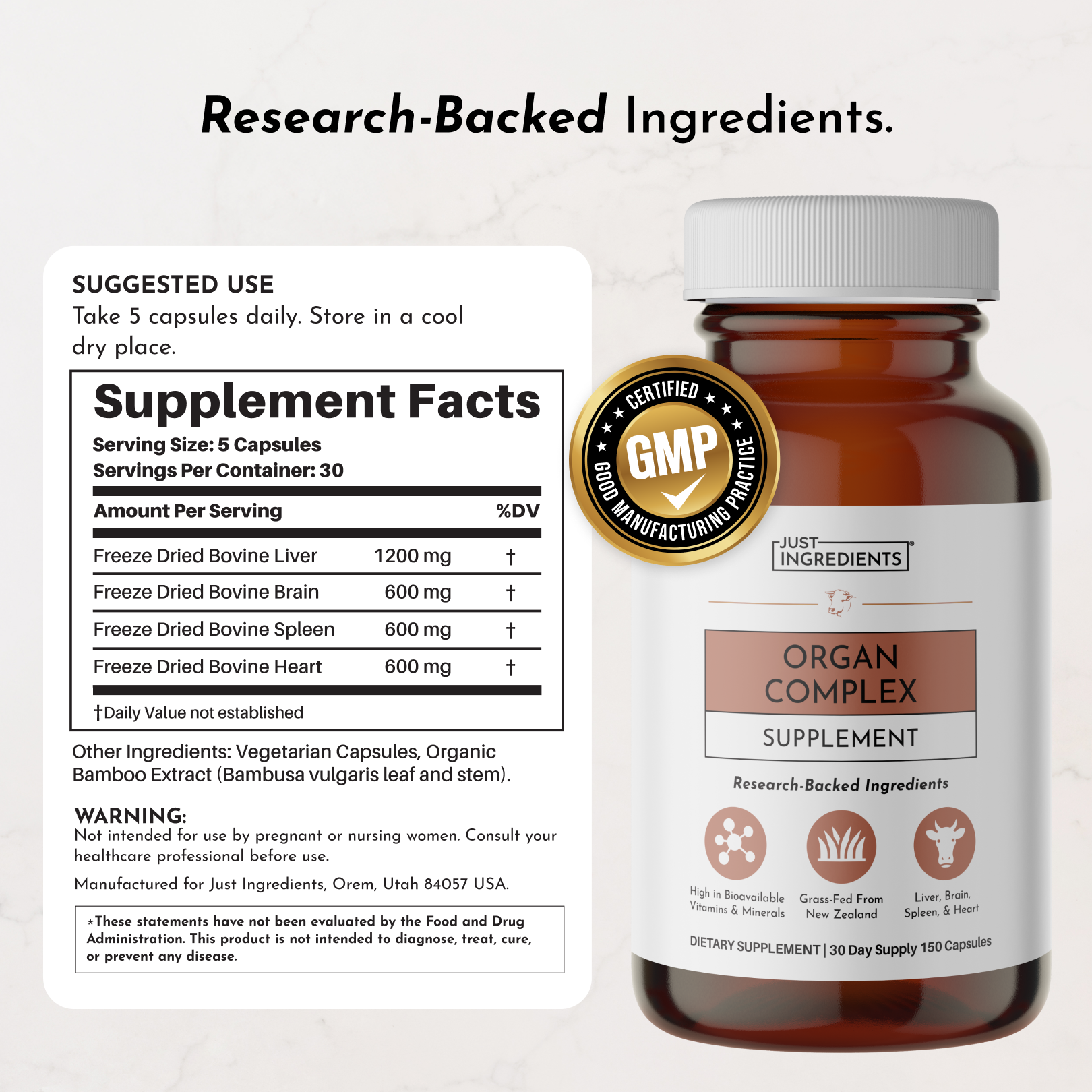 Brown glass bottle of Organ Complex supplement capsules with white cap and label showing freeze-dried bovine organs and ingre