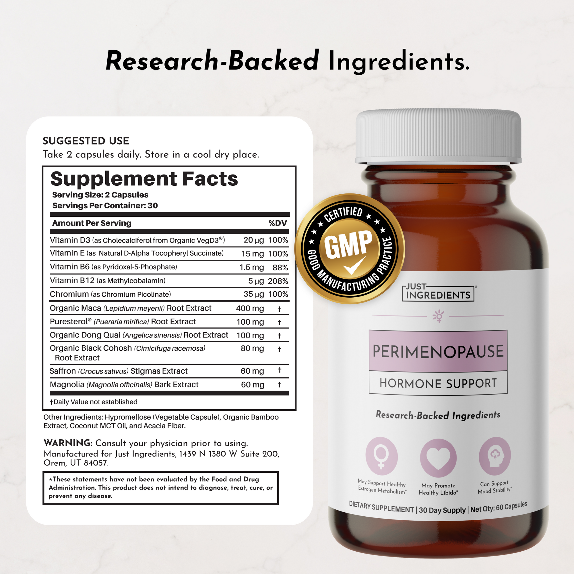 Brown bottle of perimenopause hormone support supplement with white cap, GMP certified seal, and label showing supplement fac