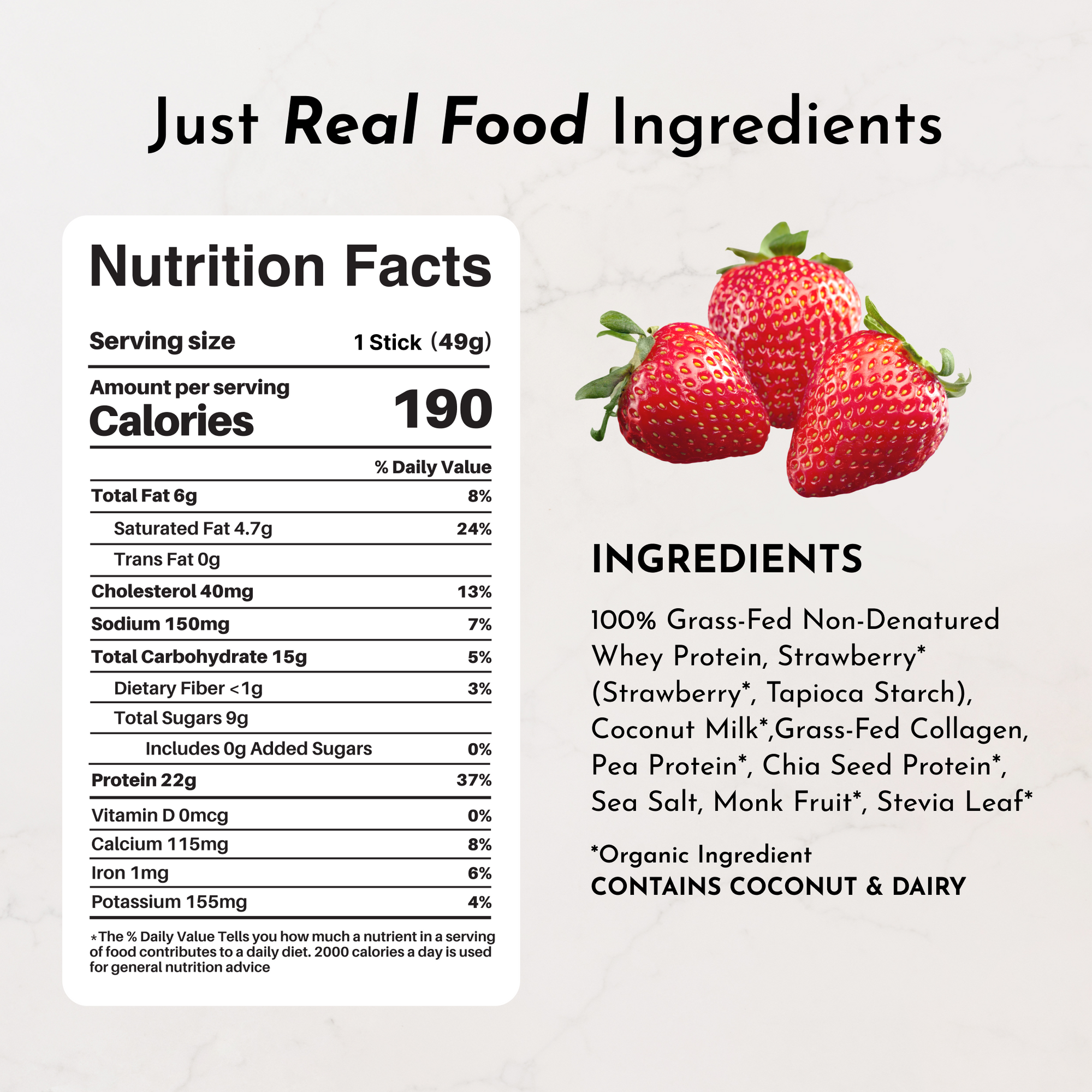 Nutrition facts label for a protein powder stick, listing calories, fats, carbohydrates, protein, and ingredients.