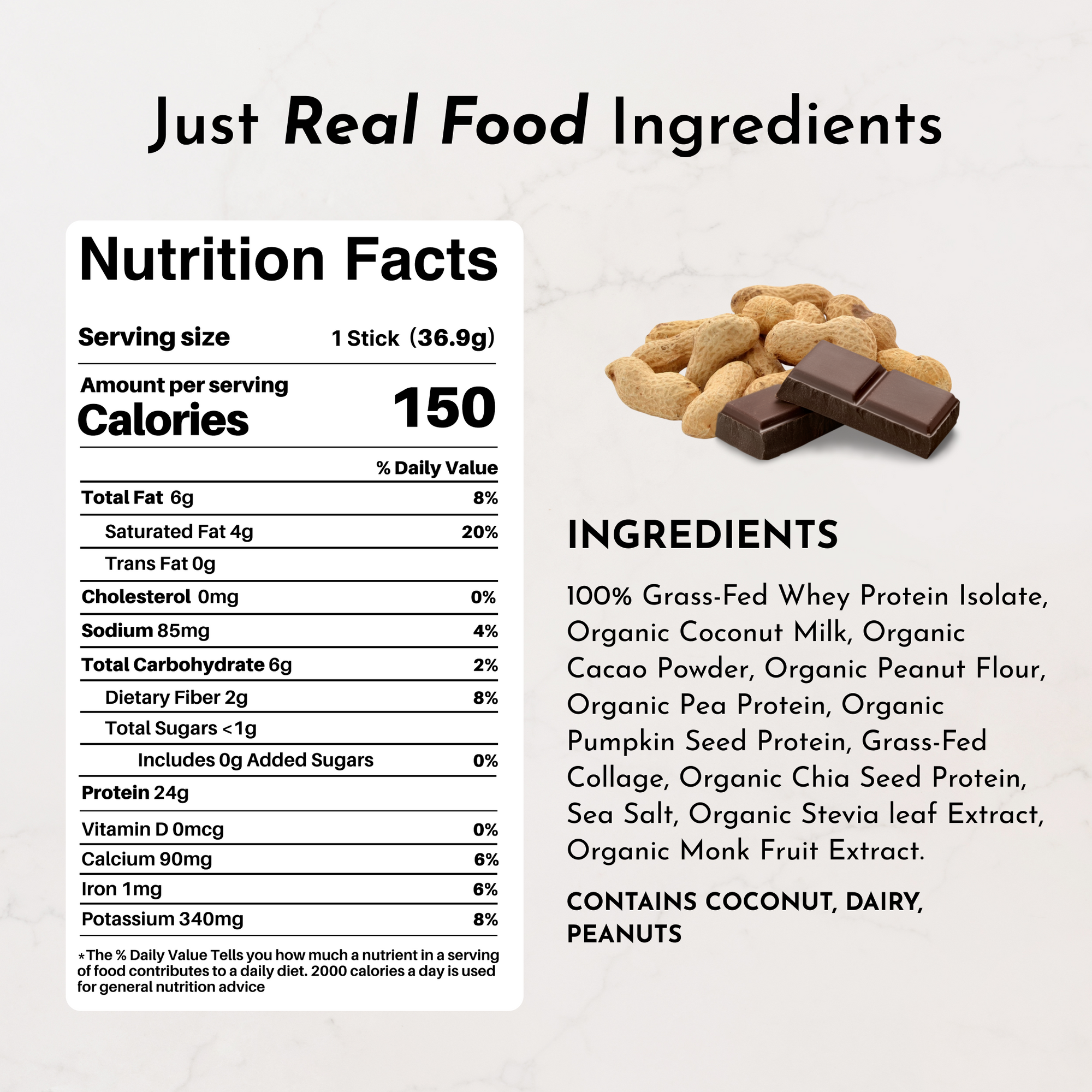 Nutrition facts for a protein powder stick, including calories, fat, carbohydrates, protein, and ingredients listed.