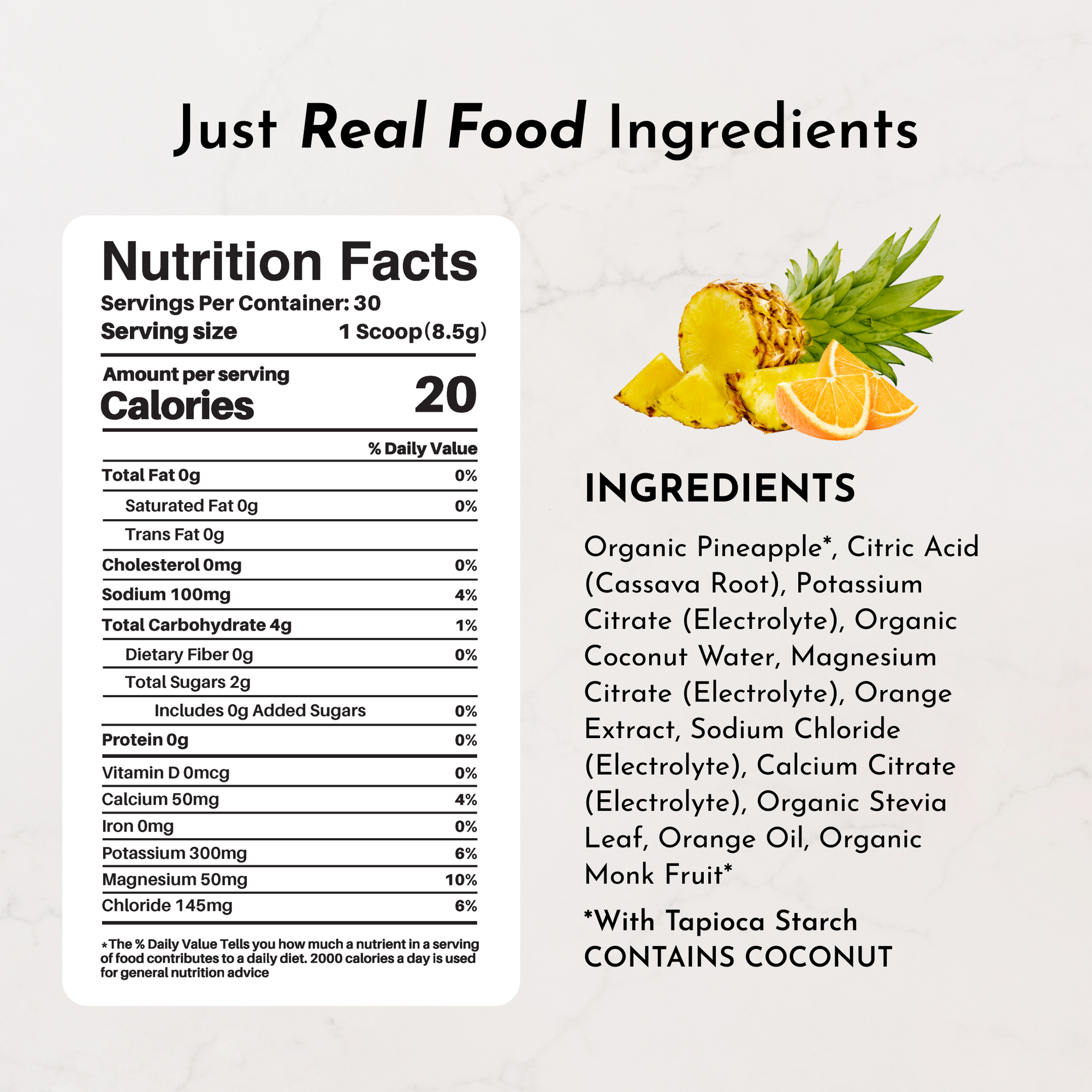 Nutrition facts label with ingredients and serving details for Orange Pineapple Electrolytes, featuring pineapple and orange 