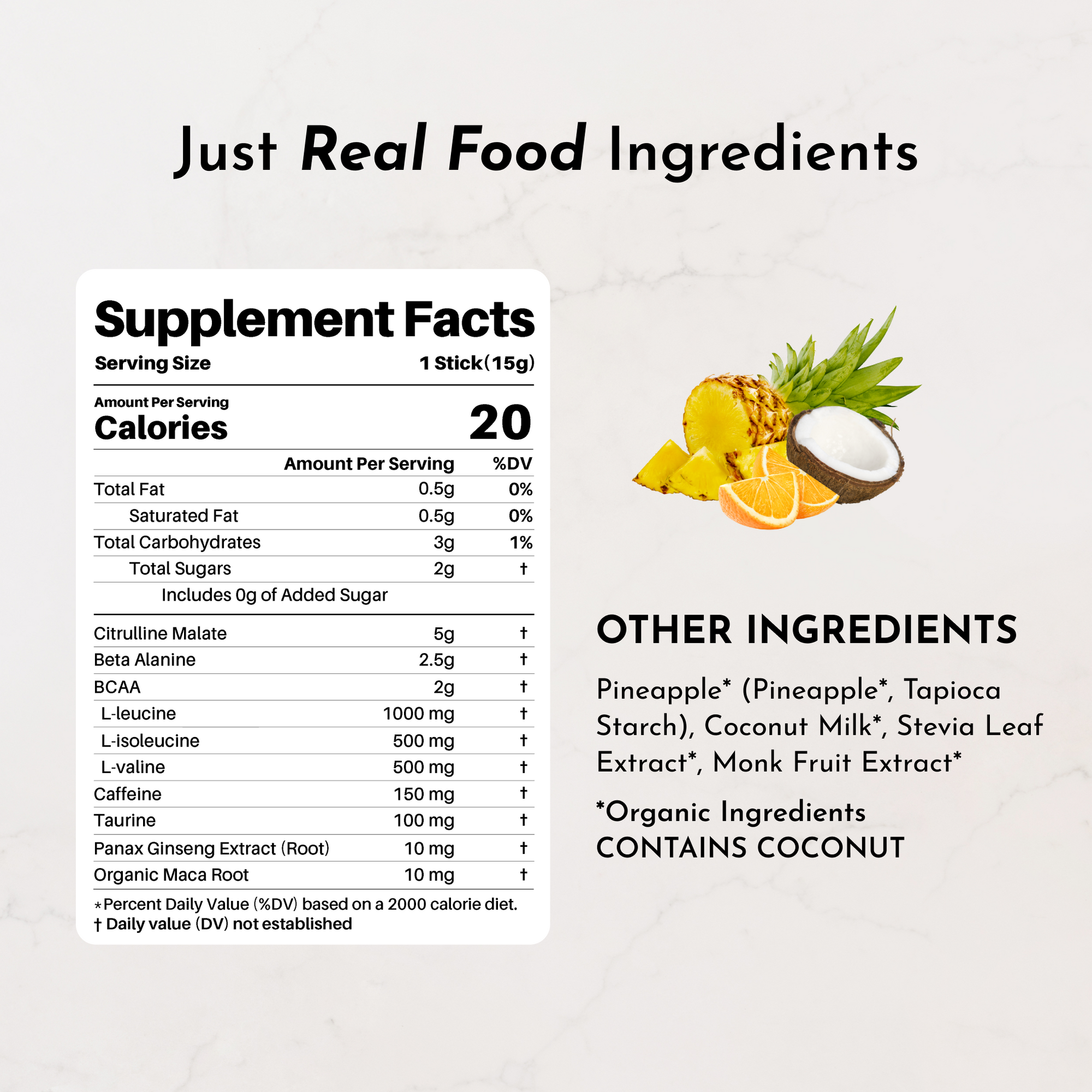 Supplement facts for Tropical Paradise Pre-Workout Stick, detailing ingredients and nutritional information.