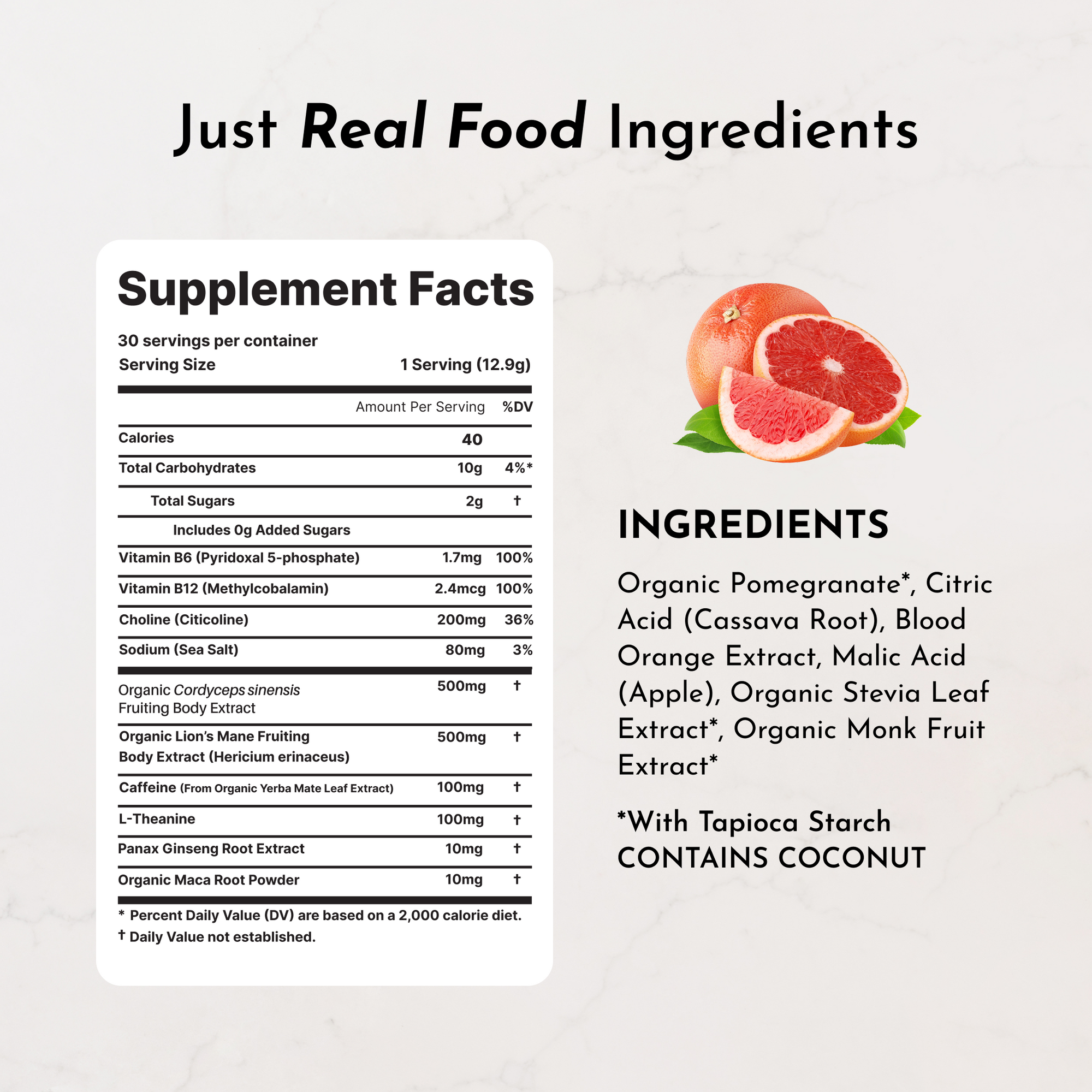 Supplement facts label detailing ingredients and nutritional information for Brain + Energy Boost Blood Orange.