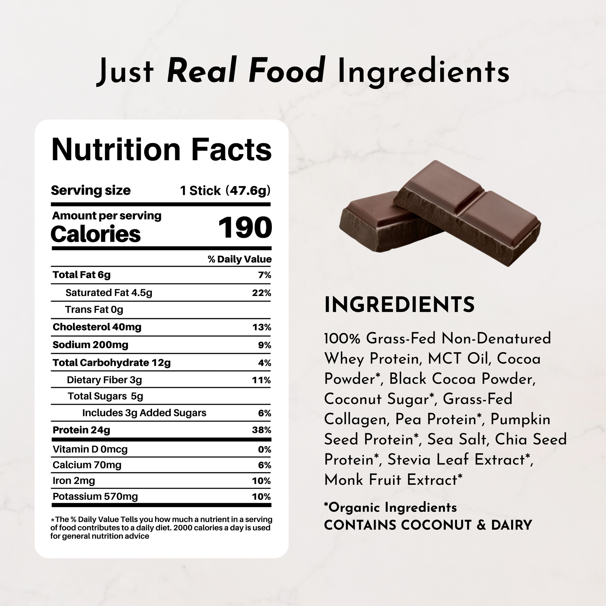 Nutrition facts and ingredient list for a double chocolate protein stick, highlighting its organic components.