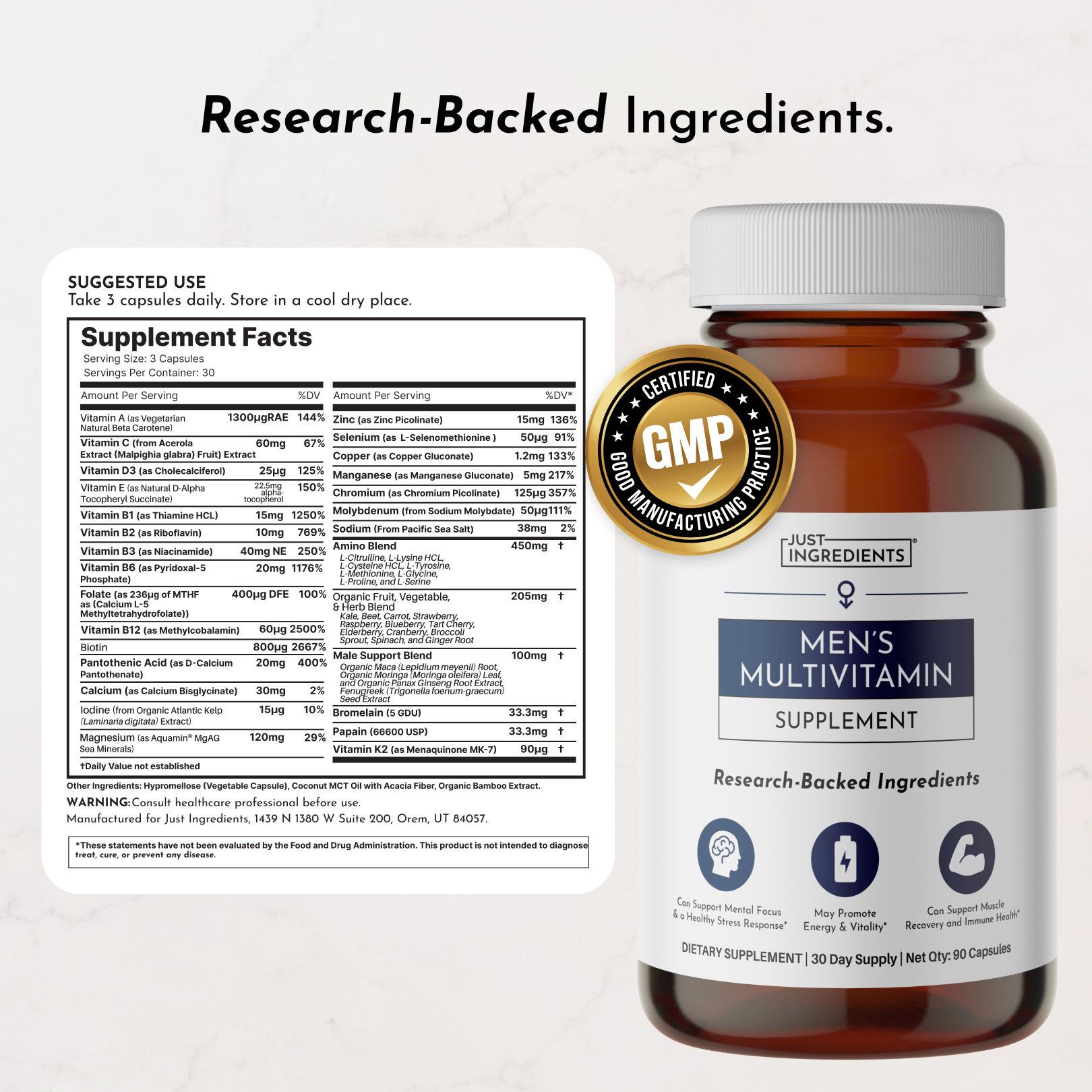 Amber glass bottle of men's multivitamin supplement with white cap, GMP certification seal, and supplement facts label visibl