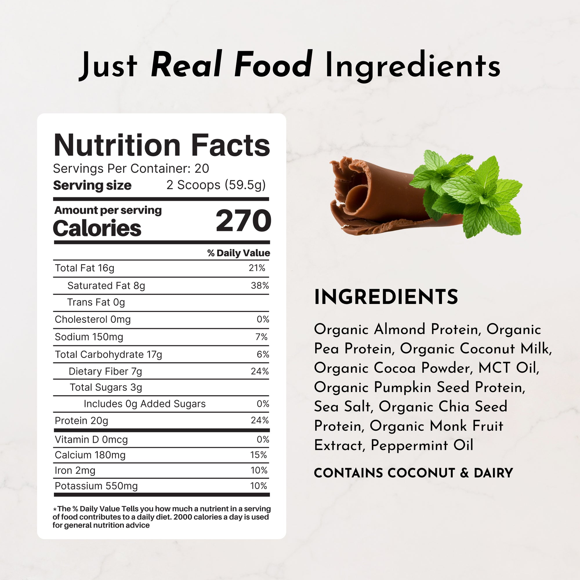 Nutrition facts and ingredients list for vegan mint chocolate protein powder, highlighting calories and nutrients.