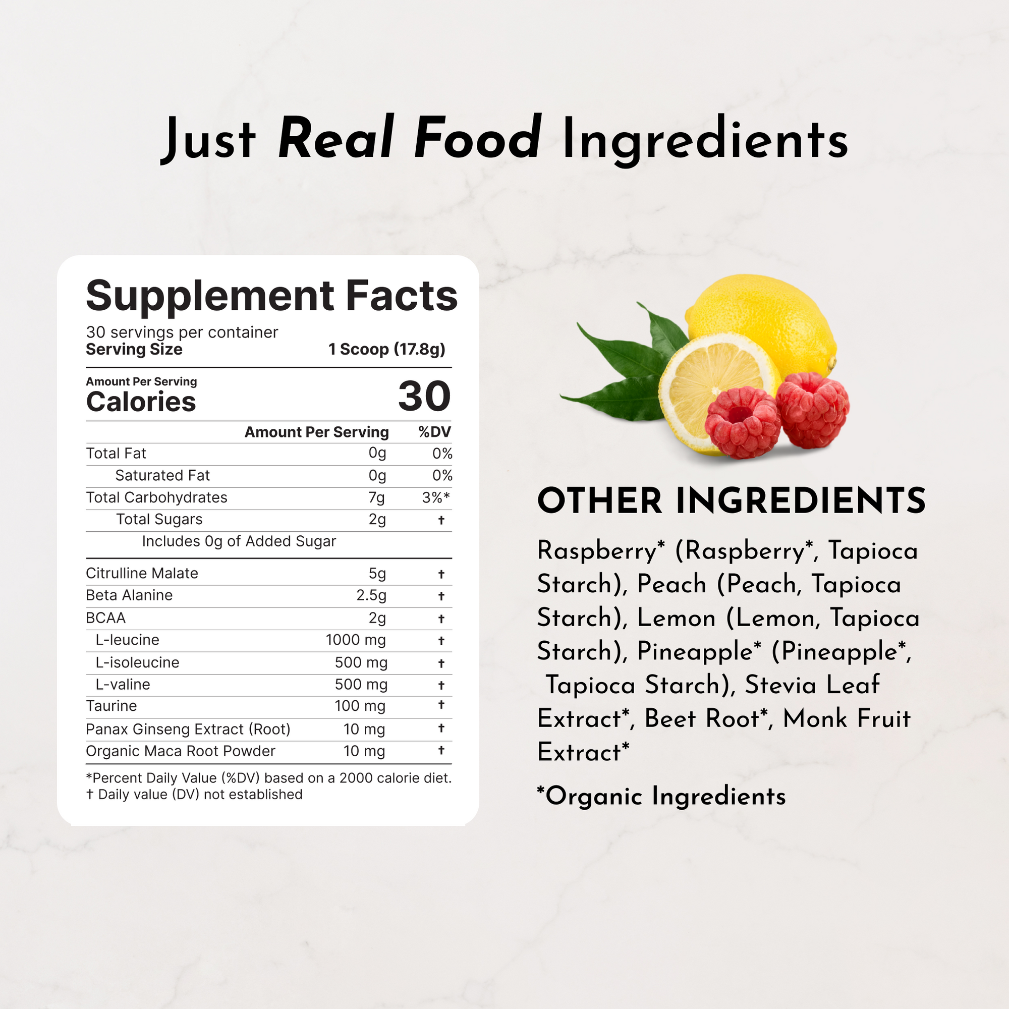 Supplement facts label for caffeine-free raspberry lemonade pre-workout, listing ingredients and nutritional information.