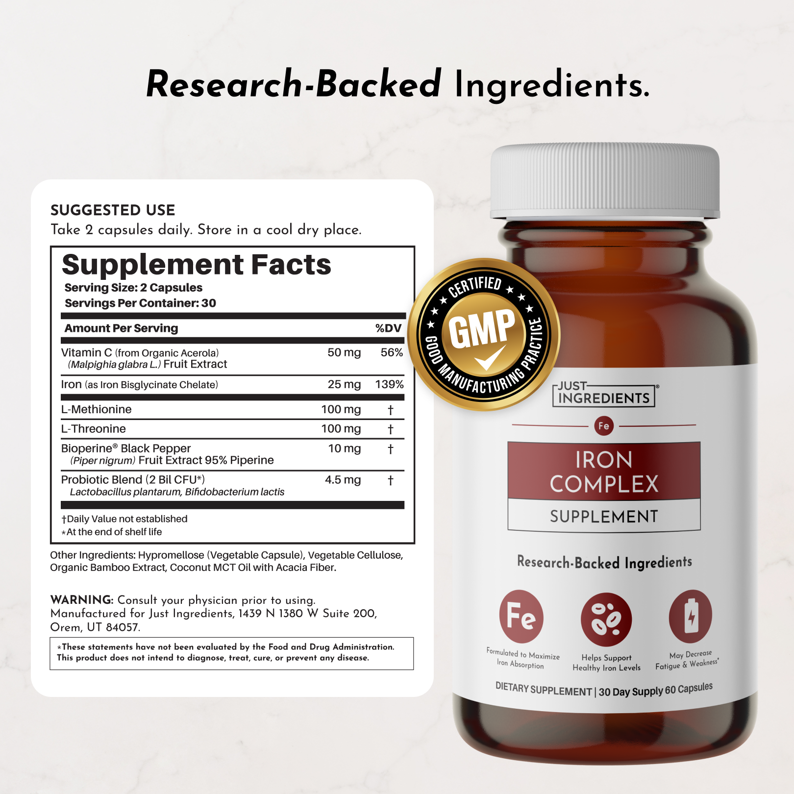 Amber glass bottle of Iron Complex supplement with white cap, GMP certification seal, and label showing ingredients and sugge
