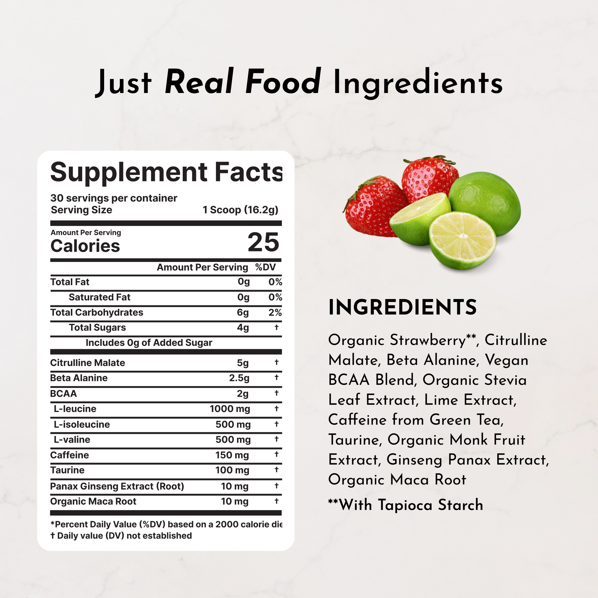 Supplement facts label for Strawberry Limeade Pre-Workout with ingredient amounts and serving information.