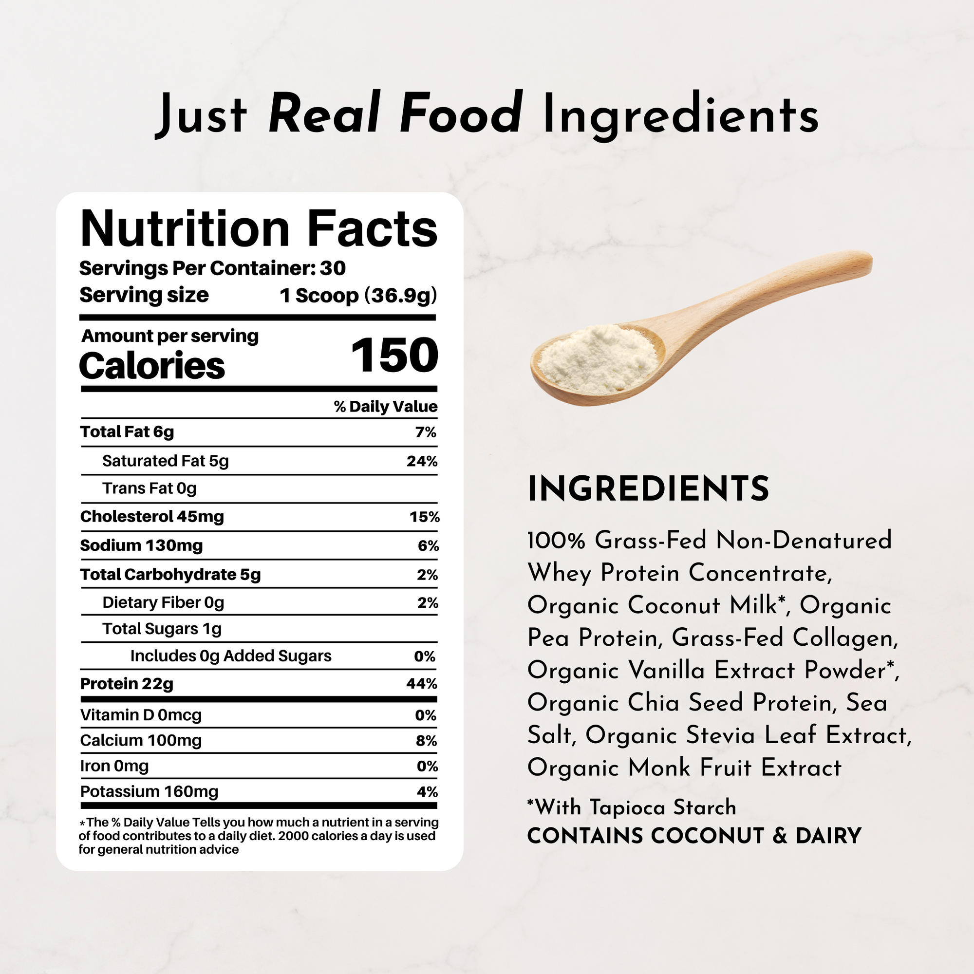 Wooden spoon holding vanilla-colored protein powder next to nutrition facts and ingredient list.
