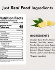 Nutrition facts label for Lemon Herb Bone Broth with ingredients and serving information displayed.