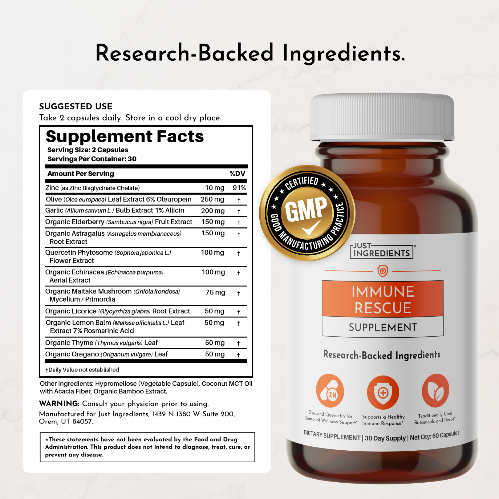 Amber glass bottle of Immune Rescue supplement with white cap, GMP certified seal, and orange label listing research-backed i