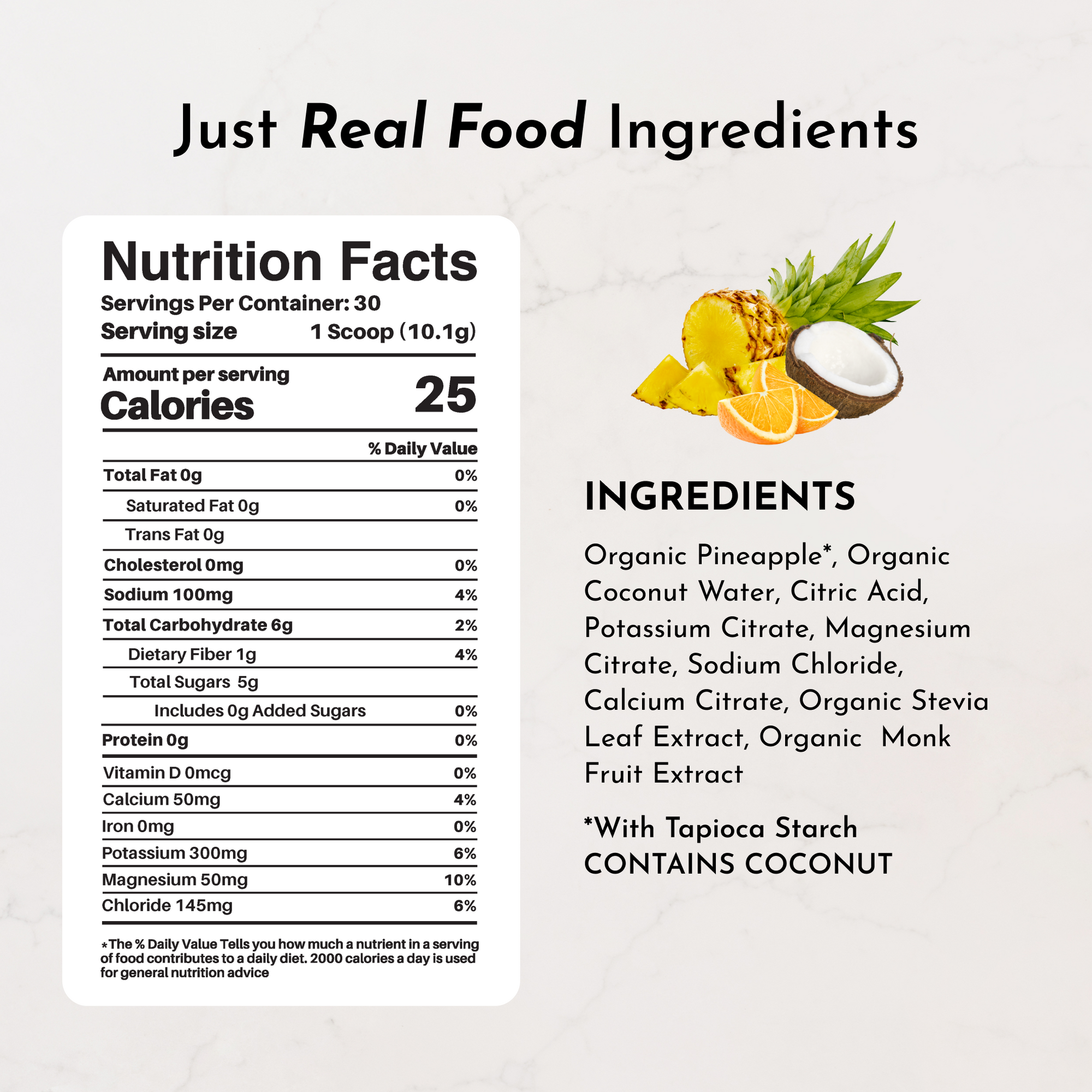 Nutrition facts label detailing calories, serving size, and ingredients for Tropical Paradise Electrolytes.